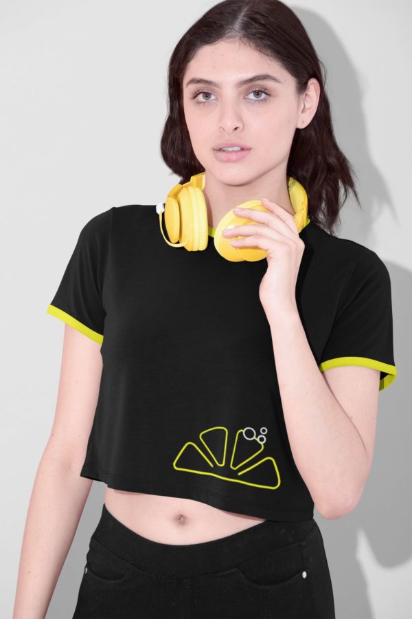 crop top ringer shirt mockup of a woman with yellow headphones